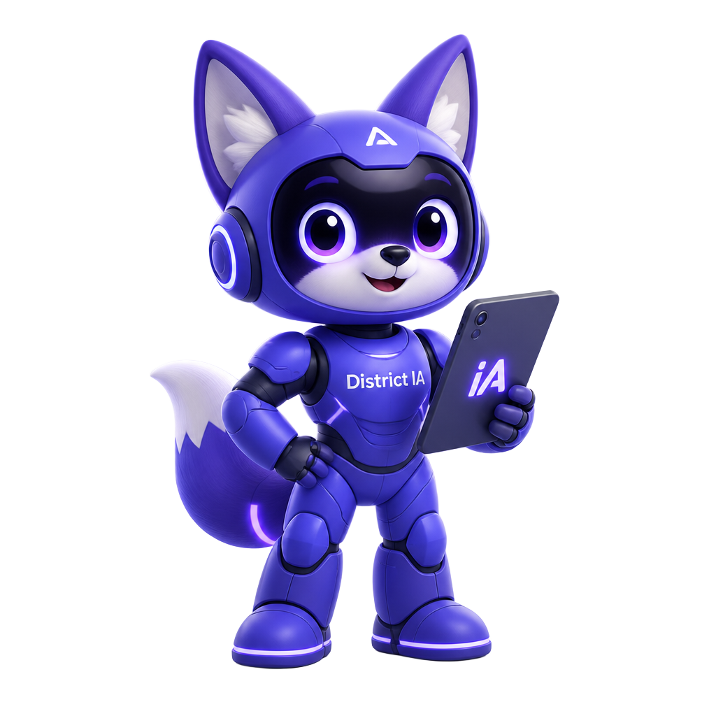 Mascotte 3D de District IA : un renard-robot indigo tenant une tablette